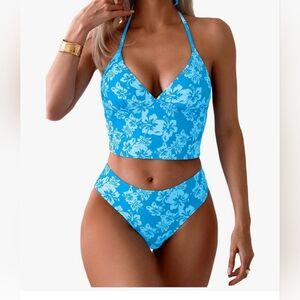 Floral Blue Halter Bikini Set Women's Large